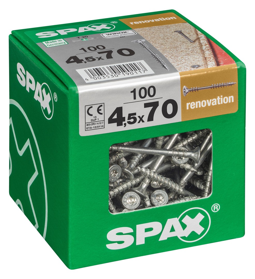 SPAX Tornillo de fijación, 4,5 x 70 mm, 100 unidades, Rosca de fijación, Cabeza plana, T-STAR plus T20, 4CUT, WIROX