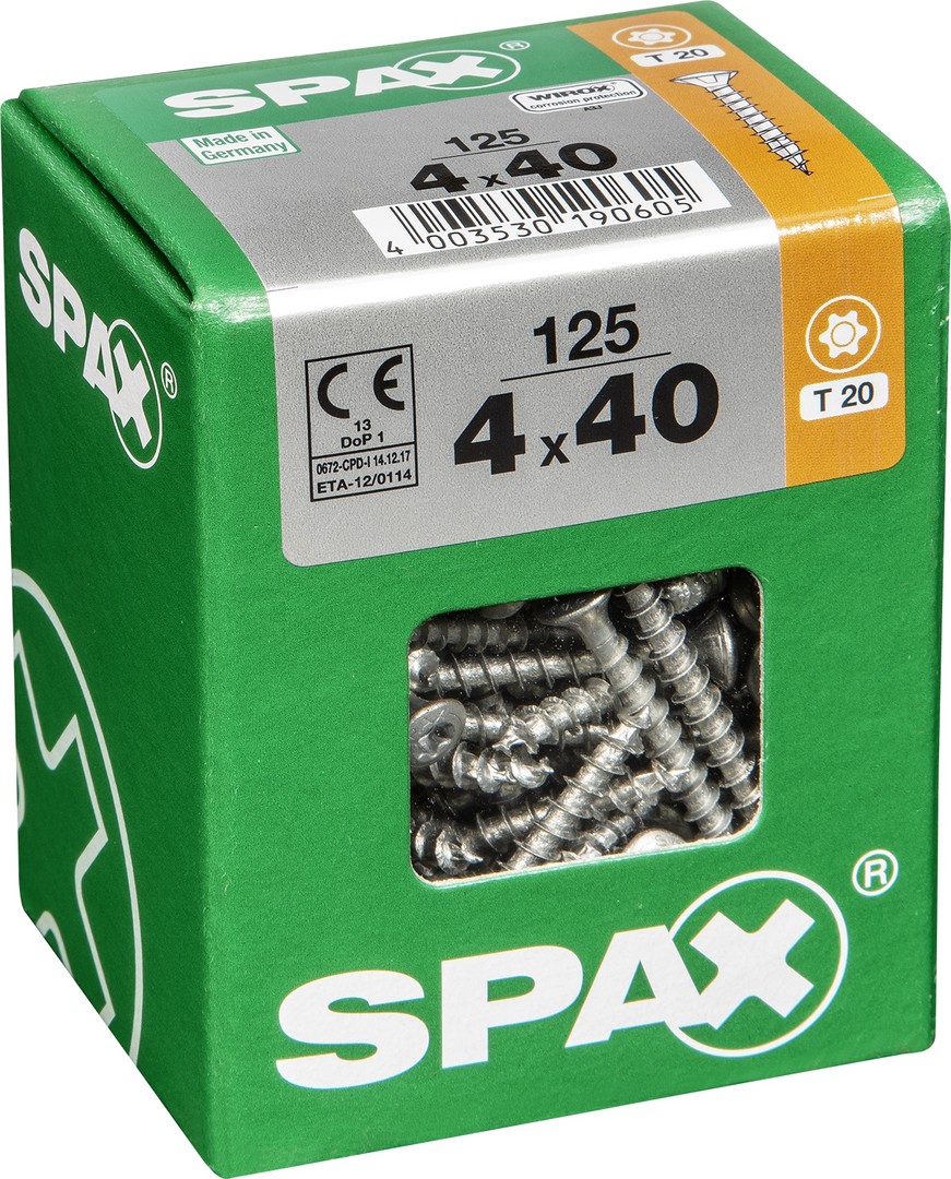 SPAX Tornillo universal, 4 x 40 mm, 125 unidades, Rosca completa, Cabeza gota de sebo, T-STAR plus T20, 4CUT, WIROX