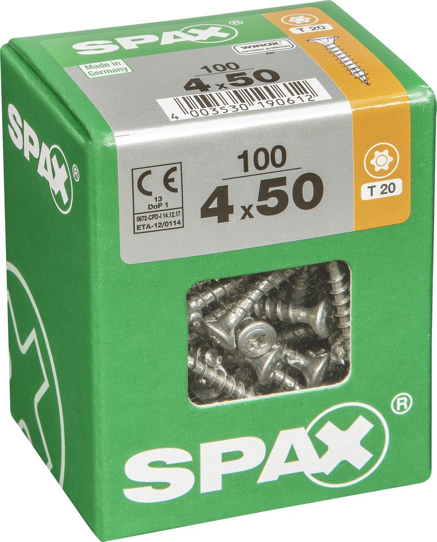 SPAX Tornillo universal, 4 x 50 mm, 100 unidades, Rosca completa, Cabeza gota de sebo, T-STAR plus T20, 4CUT, WIROX