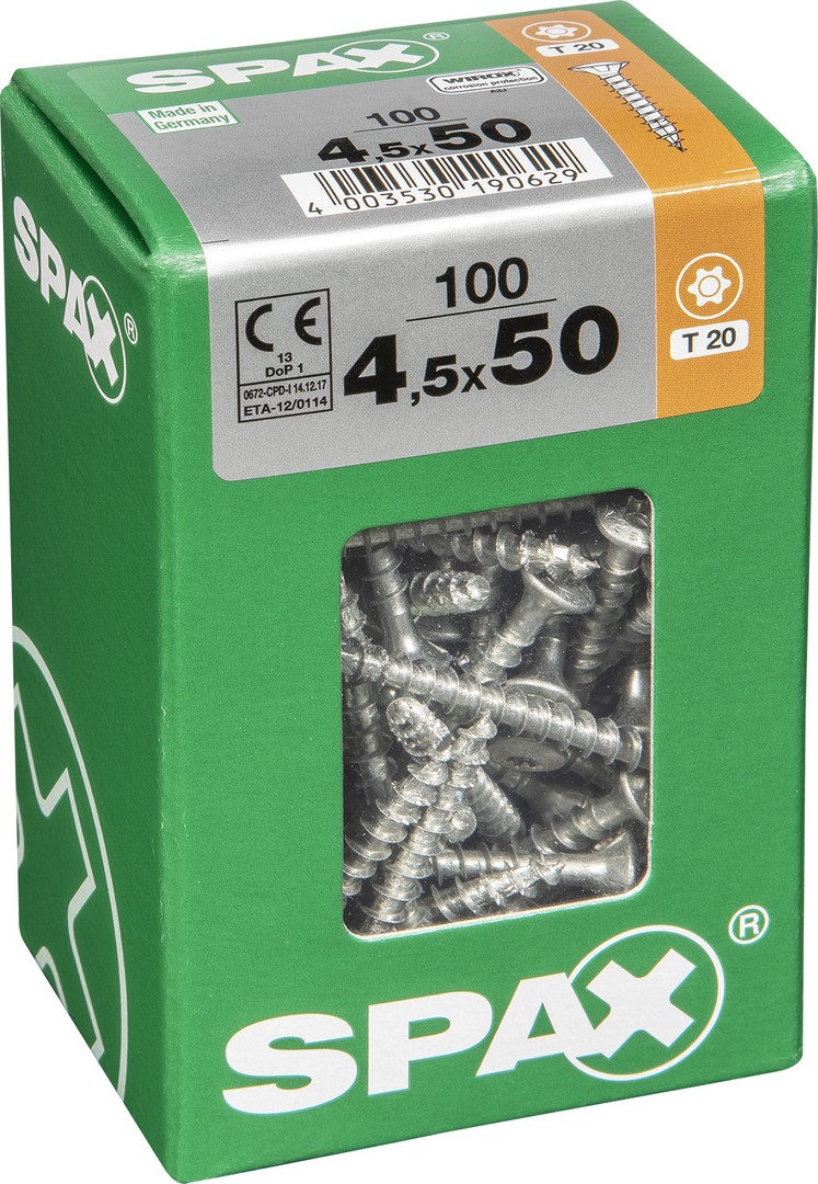 SPAX Tornillo universal, 4,5 x 50 mm, 100 unidades, Rosca completa, Cabeza gota de sebo, T-STAR plus T20, 4CUT, WIROX