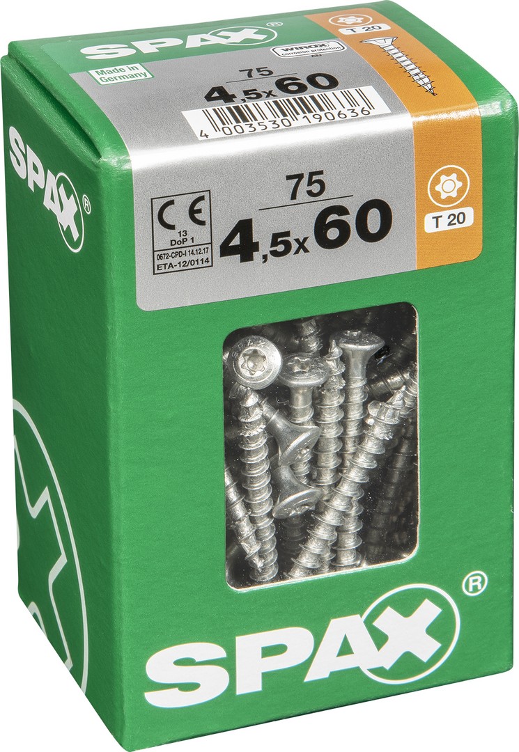 SPAX Tornillo universal, 4,5 x 60 mm, 75 unidades, Rosca completa, Cabeza gota de sebo, T-STAR plus T20, 4CUT, WIROX