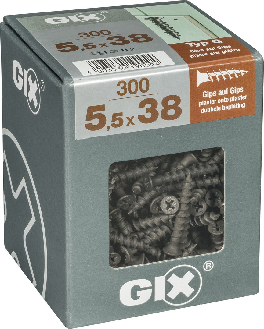 GIX G placas de yeso laminado sobre placas de yeso lam. 5,5x38mm, 300 ud, Rosca completa, Cabeza de trompeta, Ranura en cruz H2, Punta de aguja, Fosfatado negro
