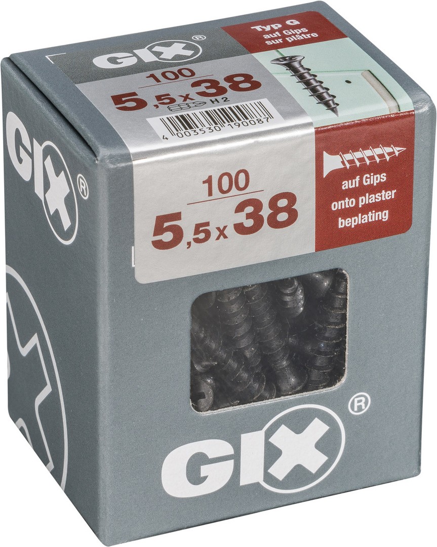GIX G placas de yeso laminado sobre placas de yeso lam. 5,5x38mm, 100 ud, Rosca completa, Cabeza de trompeta, Ranura en cruz H2, Punta de aguja, Fosfatado negro