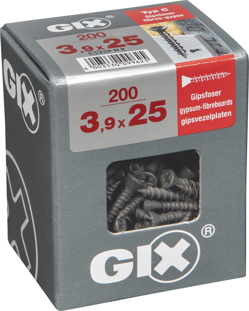 GIX C para placas de yeso-fibra, 3,9 x 25 mm, 200 unidades, Rosca completa, Cabeza de fresado reducida, Ranura en cruz H2, Punta de aguja, Fosfatado negro