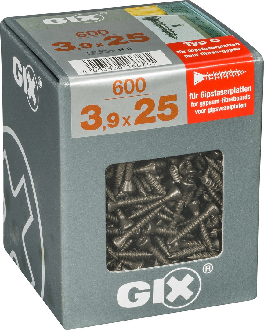 GIX C para placas de yeso-fibra, 3,9 x 25 mm, 600 unidades, Rosca completa, Cabeza de fresado reducida, Ranura en cruz H2, Punta de aguja, Fosfatado negro