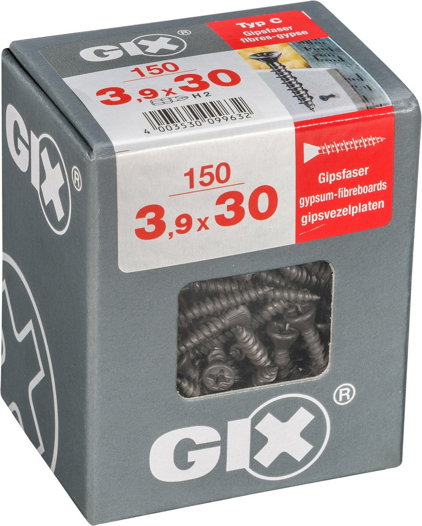 GIX C para placas de yeso-fibra, 3,9 x 30 mm, 150 unidades, Rosca completa, Cabeza de fresado reducida, Ranura en cruz H2, Punta de aguja, Fosfatado negro
