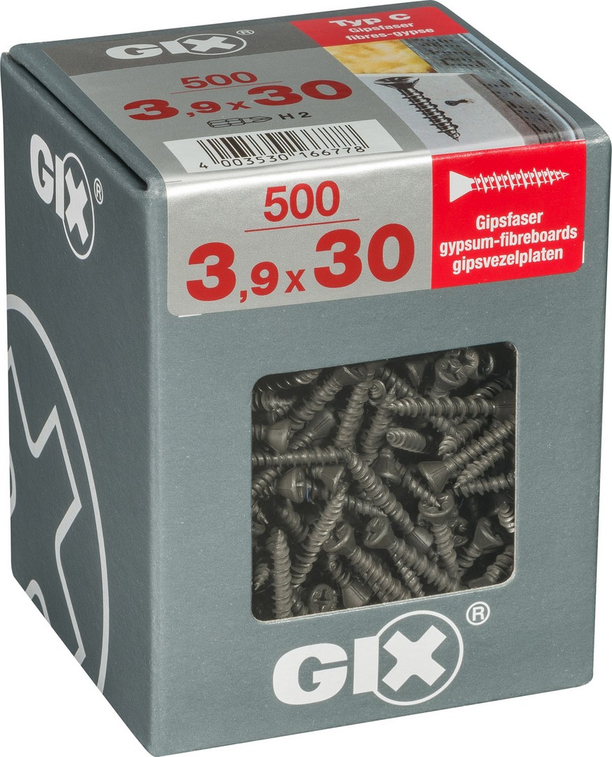 GIX C para placas de yeso-fibra, 3,9 x 30 mm, 500 unidades, Rosca completa, Cabeza de fresado reducida, Ranura en cruz H2, Punta de aguja, Fosfatado negro