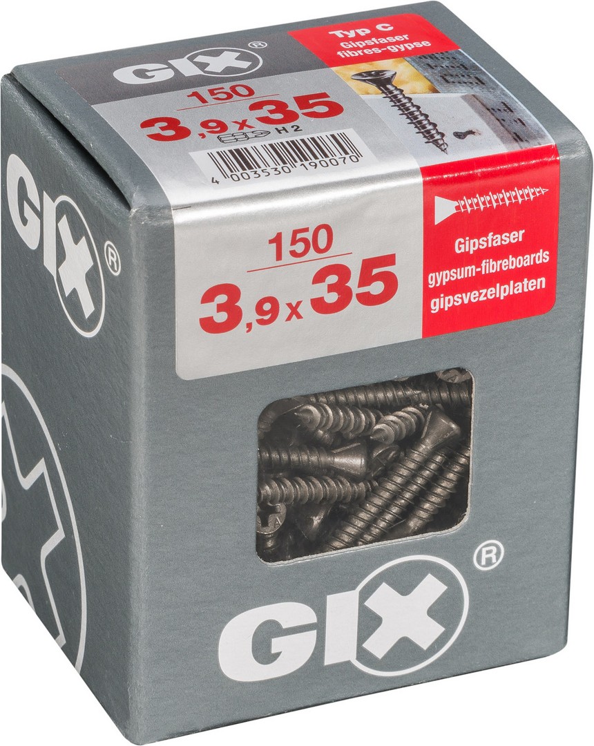 GIX C para placas de yeso-fibra, 3,9 x 35 mm, 150 unidades, Rosca completa, Cabeza de fresado reducida, Ranura en cruz H2, Punta de aguja, Fosfatado negro