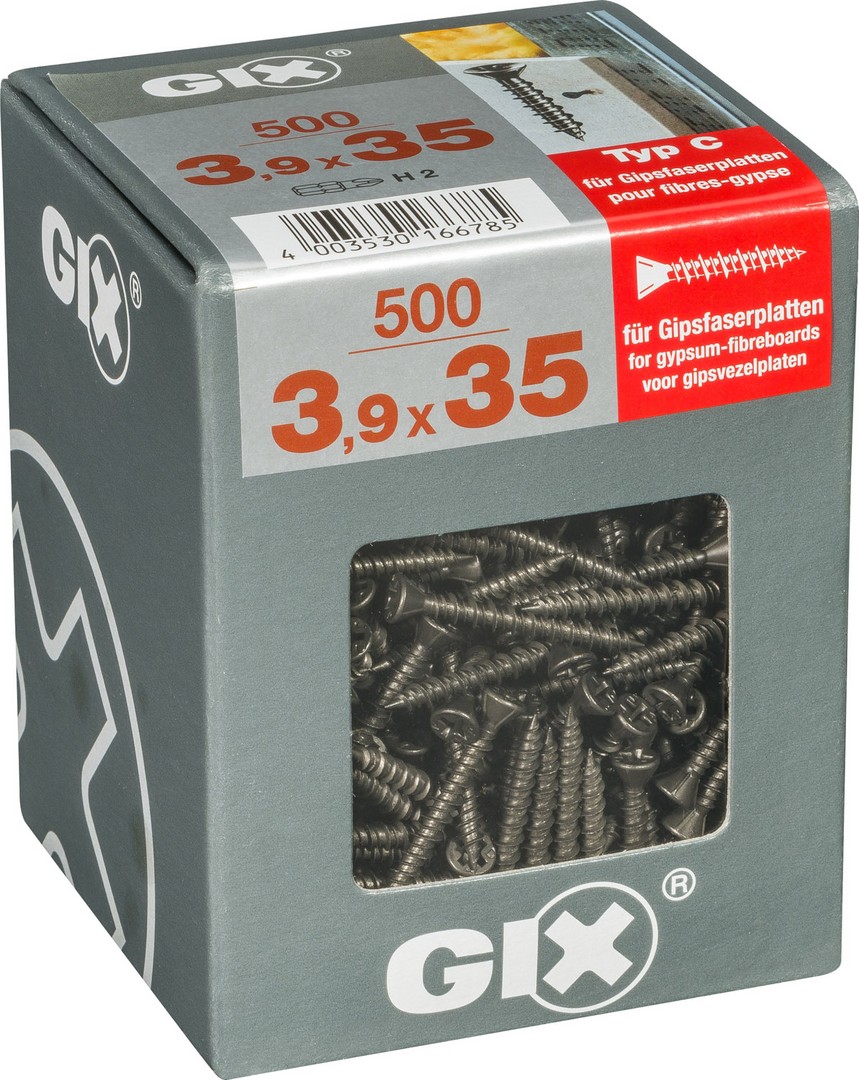 GIX C para placas de yeso-fibra, 3,9 x 35 mm, 500 unidades, Rosca completa, Cabeza de fresado reducida, Ranura en cruz H2, Punta de aguja, Fosfatado negro