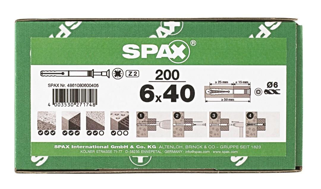 SPAX tipo ND, taco clavo 6 x 40 mm, 200 unid.