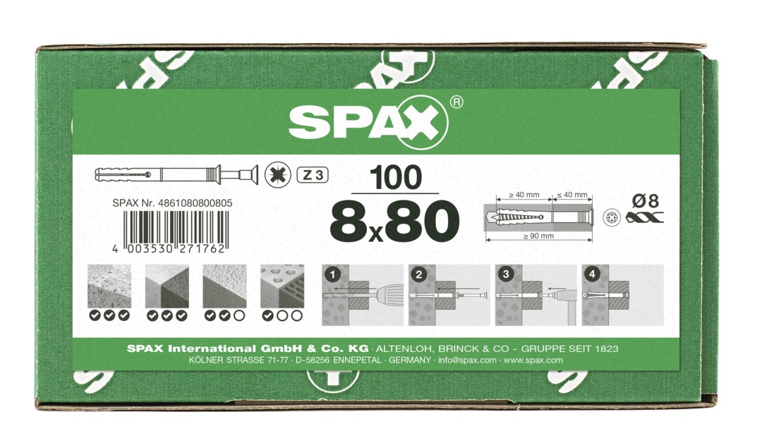 SPAX tipo ND, taco clavo 8 x 80 mm, 100 unid.