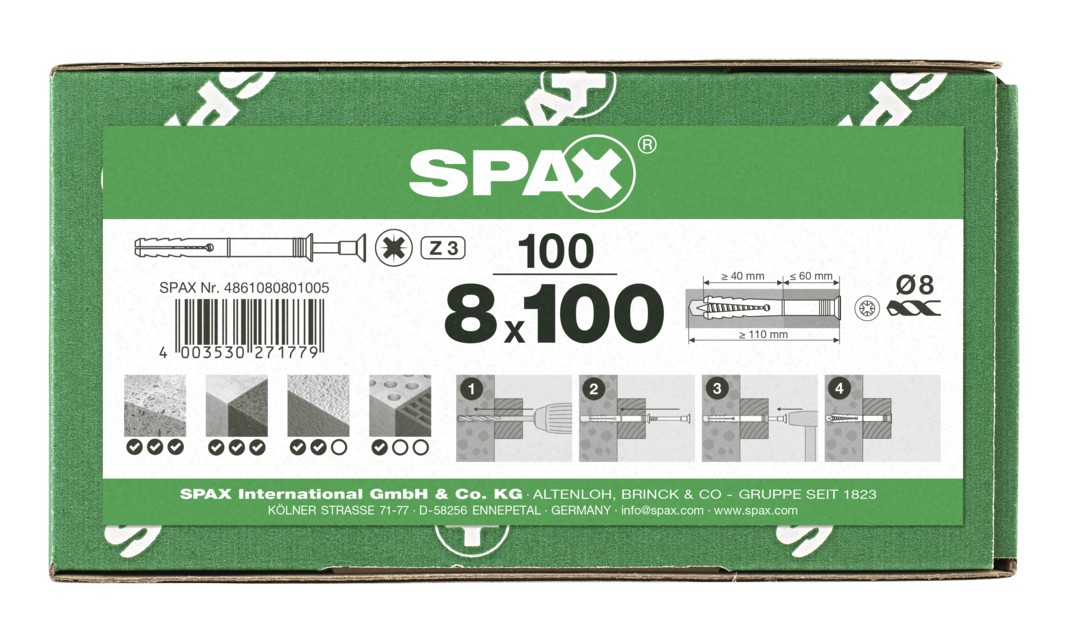 SPAX tipo ND, taco clavo 8 x 100 mm, 100 unid.