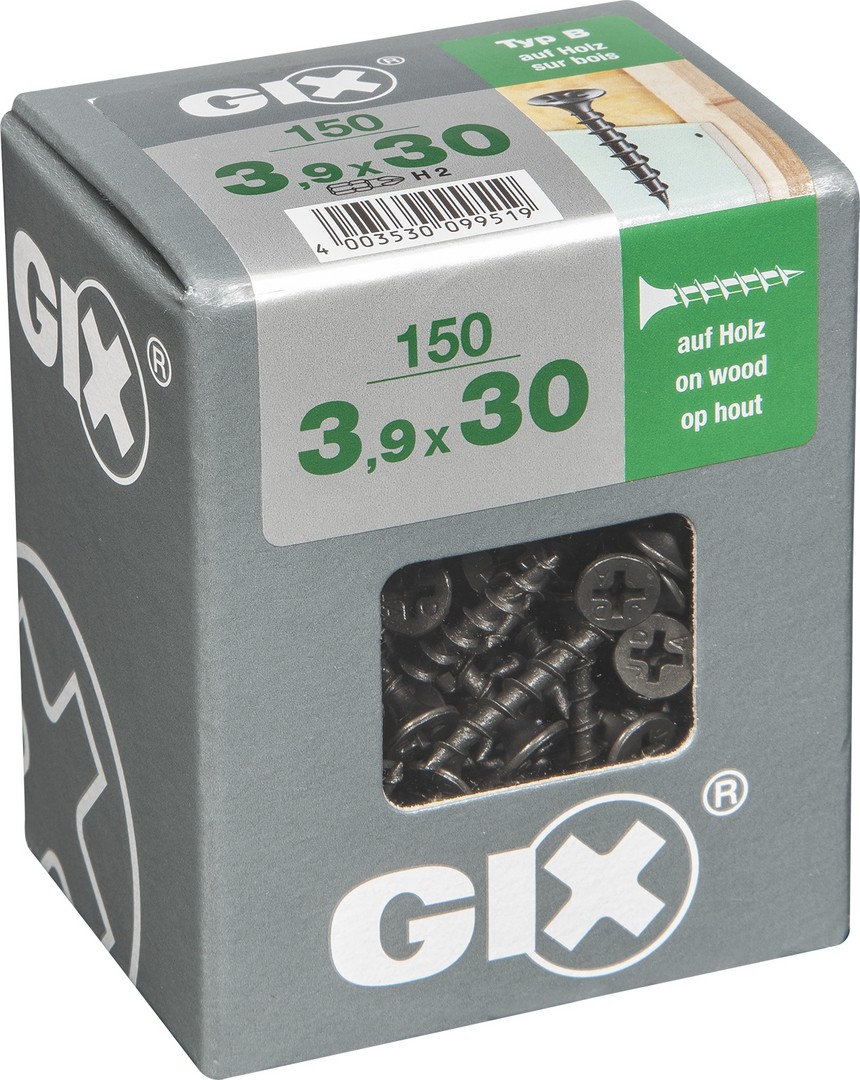 GIX B Rosca gruesa, 3,9 x 30 mm, 150 unidades, Rosca completa, Cabeza de trompeta, Ranura en cruz H2, Punta de aguja, Fosfatado negro