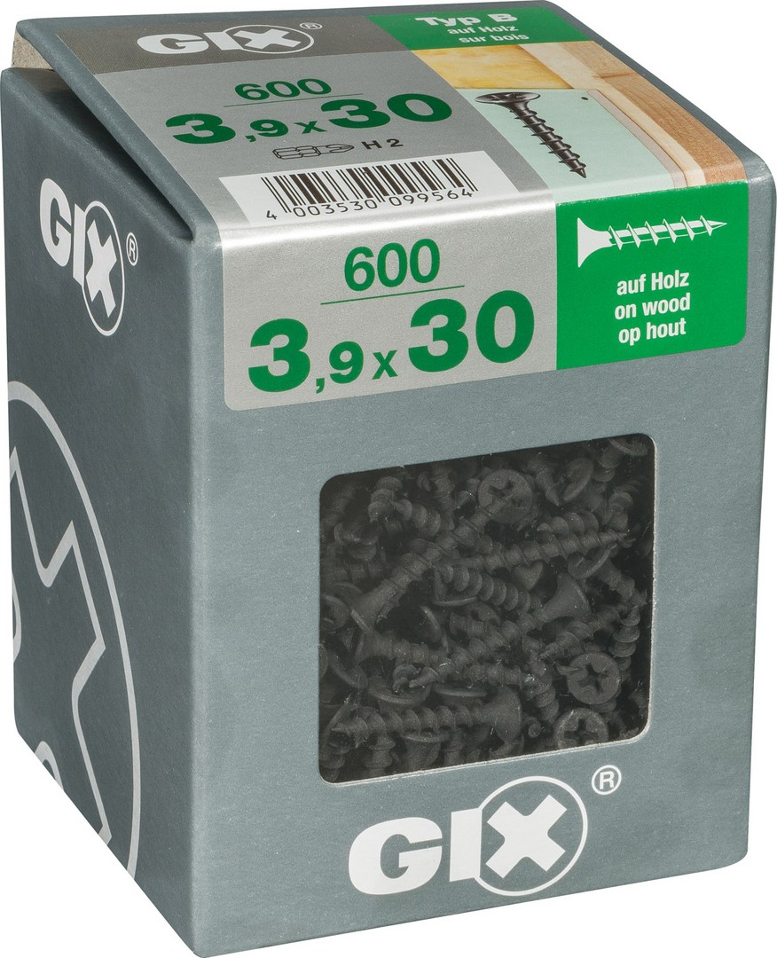 GIX B Rosca gruesa, 3,9 x 30 mm, 600 unidades, Rosca completa, Cabeza de trompeta, Ranura en cruz H2, Punta de aguja, Fosfatado negro