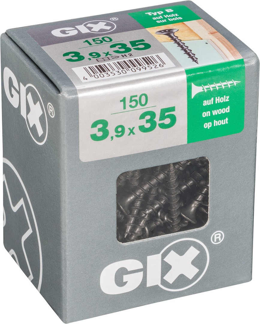 GIX B Rosca gruesa, 3,9 x 35 mm, 150 unidades, Rosca completa, Cabeza de trompeta, Ranura en cruz H2, Punta de aguja, Fosfatado negro
