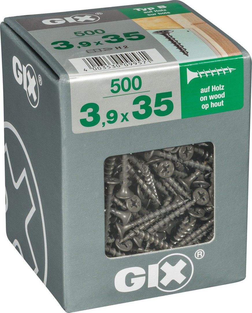 GIX B Rosca gruesa, 3,9 x 35 mm, 500 unidades, Rosca completa, Cabeza de trompeta, Ranura en cruz H2, Punta de aguja, Fosfatado negro
