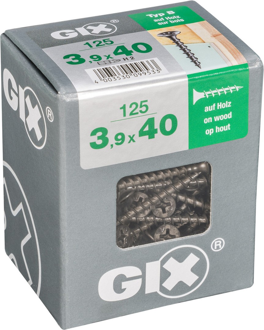GIX B Rosca gruesa, 3,9 x 40 mm, 125 unidades, Rosca completa, Cabeza de trompeta, Ranura en cruz H2, Punta de aguja, Fosfatado negro