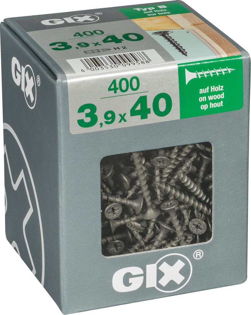 GIX B Rosca gruesa, 3,9 x 40 mm, 400 unidades, Rosca completa, Cabeza de trompeta, Ranura en cruz H2, Punta de aguja, Fosfatado negro