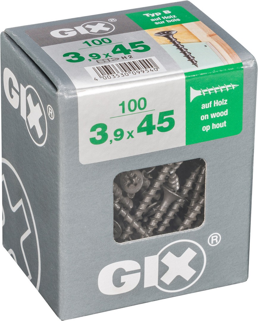 GIX B Rosca gruesa, 3,9 x 45 mm, 100 unidades, Rosca completa, Cabeza de trompeta, Ranura en cruz H2, Punta de aguja, Fosfatado negro