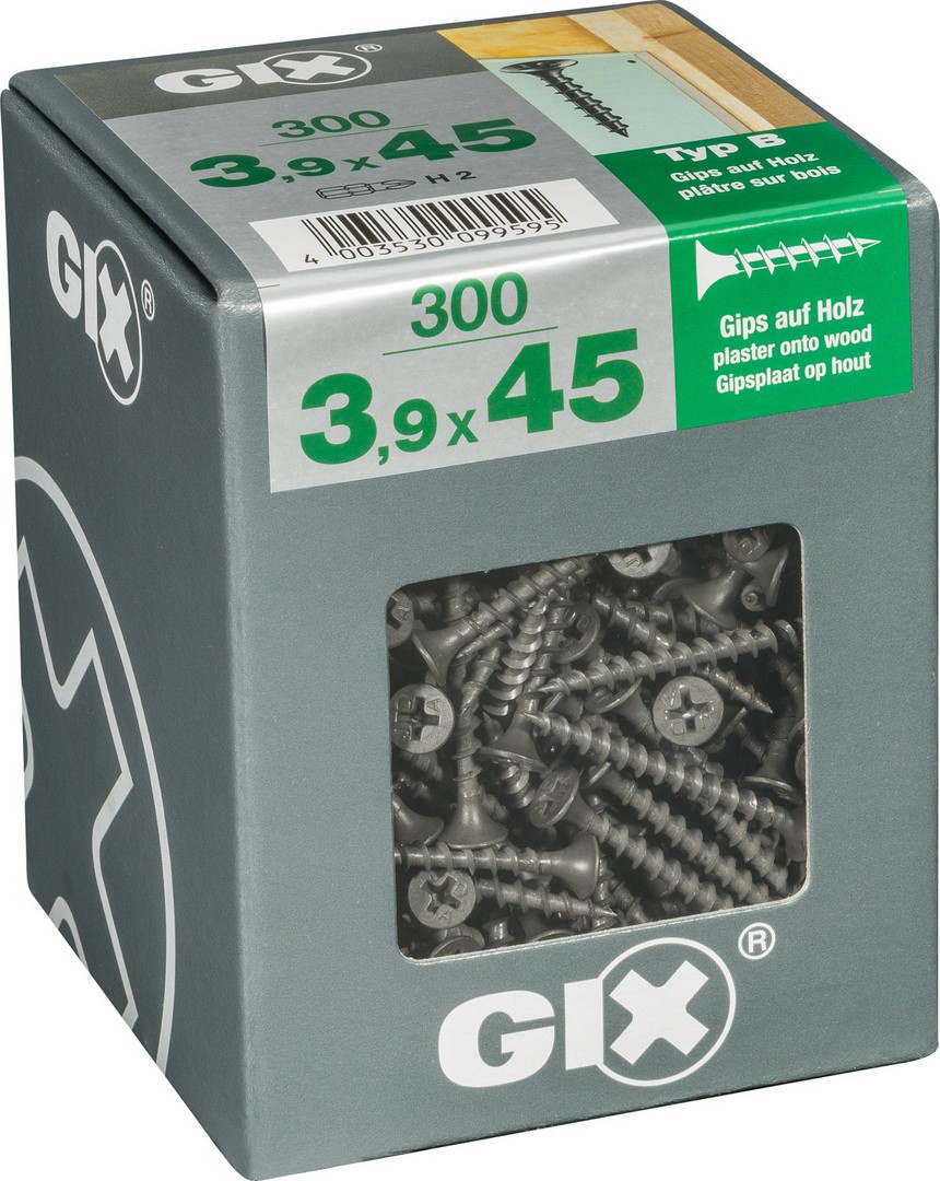 GIX B Rosca gruesa, 3,9 x 45 mm, 300 unidades, Rosca completa, Cabeza de trompeta, Ranura en cruz H2, Punta de aguja, Fosfatado negro