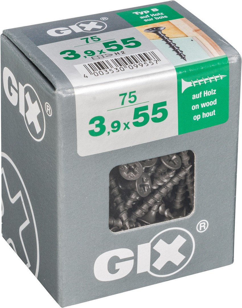 GIX B Rosca gruesa, 3,9 x 55 mm, 75 unidades, Rosca completa, Cabeza de trompeta, Ranura en cruz H2, Punta de aguja, Fosfatado negro