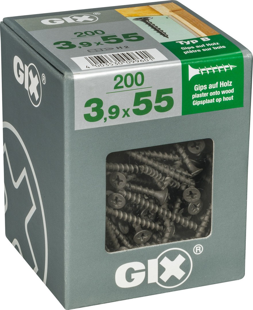 GIX B Rosca gruesa, 3,9 x 55 mm, 200 unidades, Rosca completa, Cabeza de trompeta, Ranura en cruz H2, Punta de aguja, Fosfatado negro