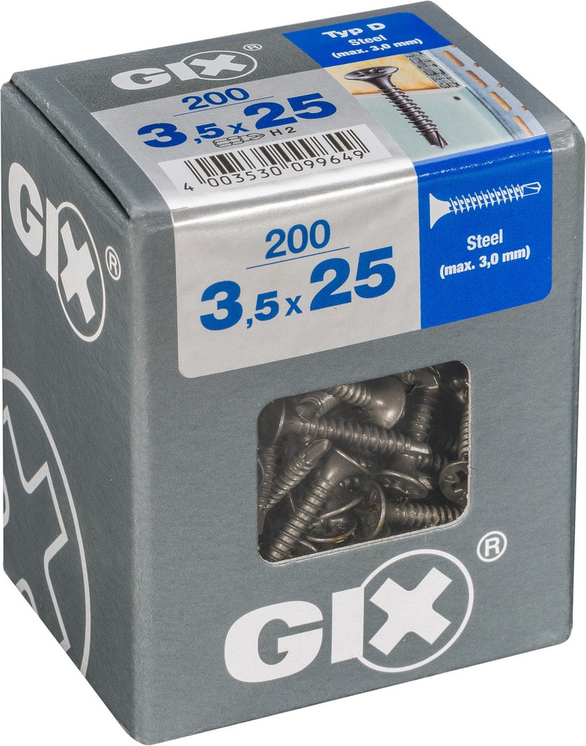 GIX D Punta perforadora, 3,5 x 25 mm, 200 unidades, Rosca completa, Cabeza de trompeta, Ranura en cruz H2, Punta perforadora, Fosfatado negro