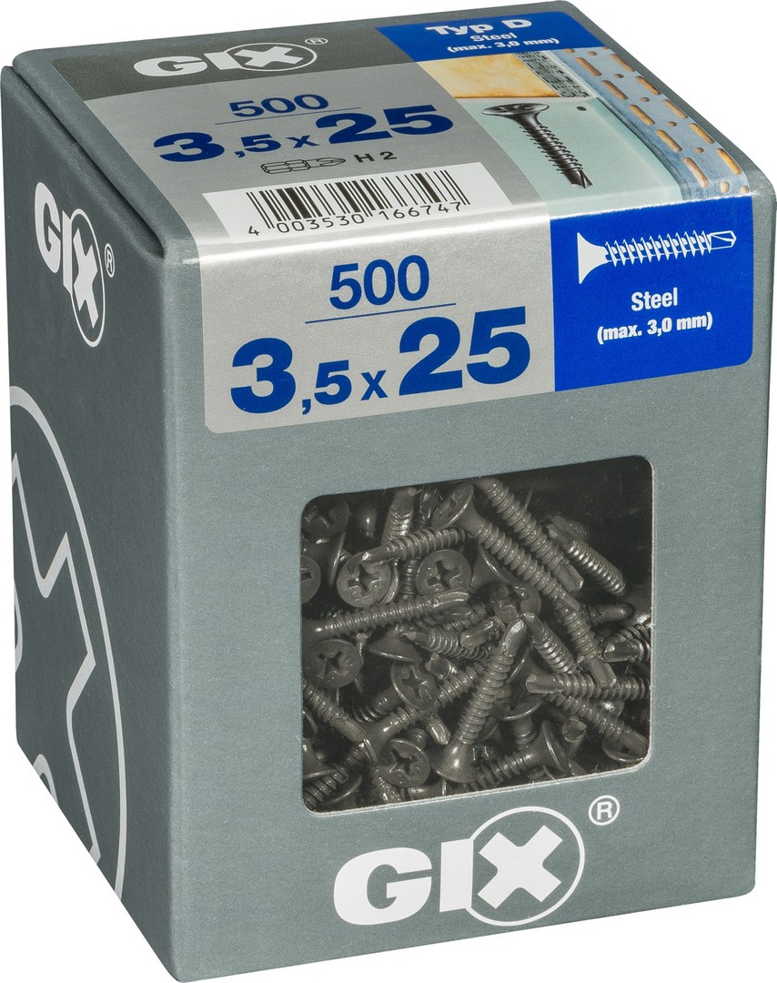 GIX D Punta perforadora, 3,5 x 25 mm, 500 unidades, Rosca completa, Cabeza de trompeta, Ranura en cruz H2, Punta perforadora, Fosfatado negro