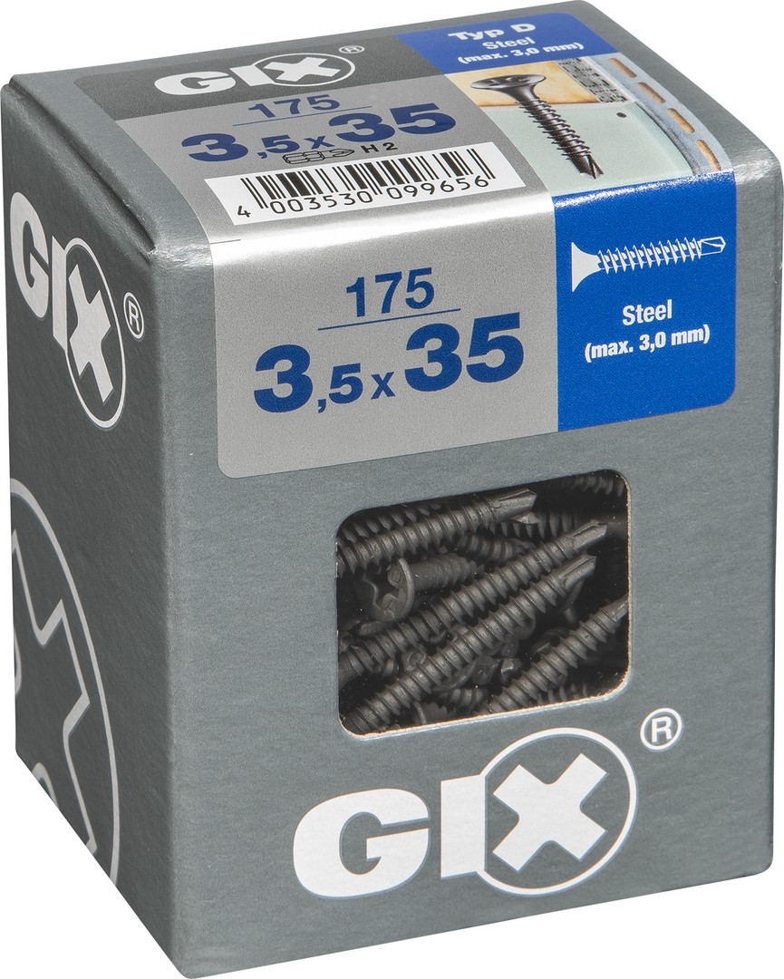 GIX D Punta perforadora, 3,5 x 35 mm, 175 unidades, Rosca completa, Cabeza de trompeta, Ranura en cruz H2, Punta perforadora, Fosfatado negro