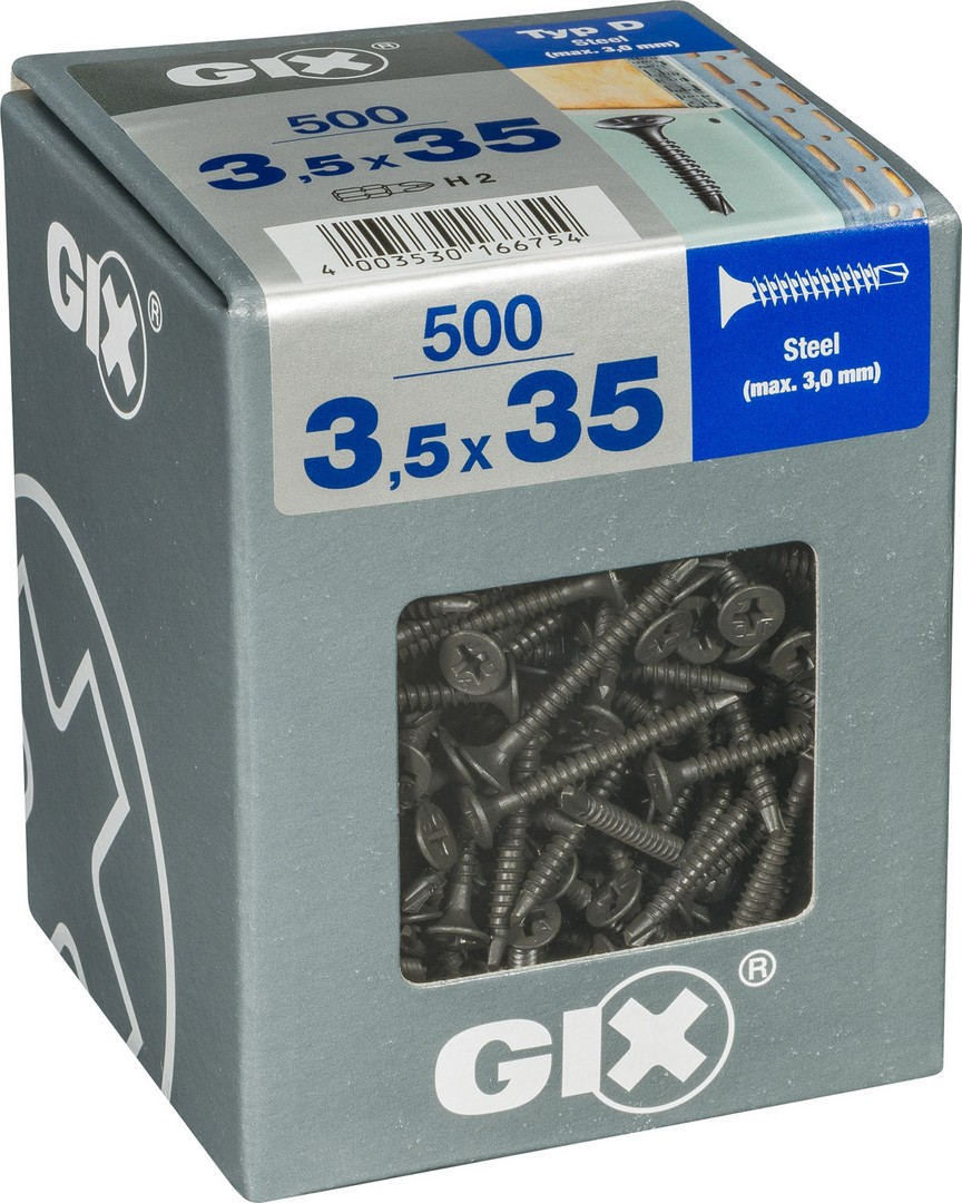 GIX D Punta perforadora, 3,5 x 35 mm, 500 unidades, Rosca completa, Cabeza de trompeta, Ranura en cruz H2, Punta perforadora, Fosfatado negro