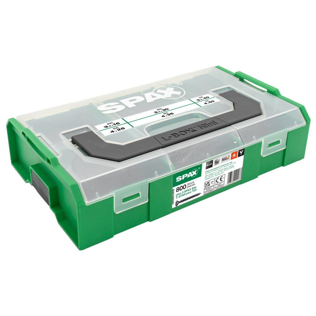 Maletín de montaje L-BOXX Mini, juego de tornillos con 6 dimensiones, cabeza avellanada, T-STAR plus, 4CUT, BLAX