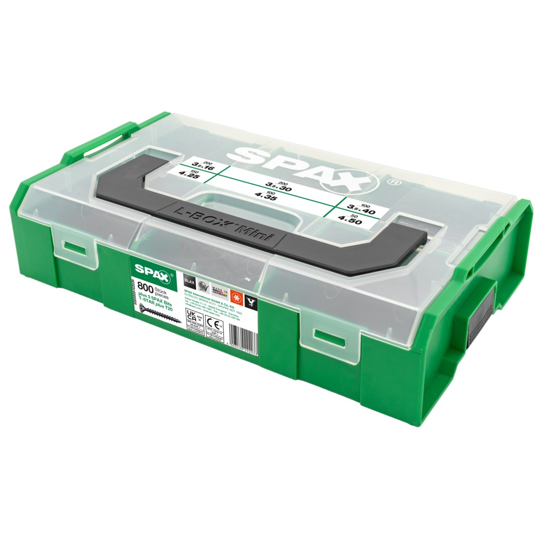 Maletín de montaje L-BOXX Mini, juego de tornillos con 6 dimensiones, cabeza avellanada, T-STAR plus, 4CUT, BLAX