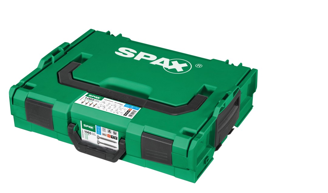 SPAX Maleta de montaje L-BOXX, 1 unidad, Kit de tornillos con 17 dimensiones, Cabeza plana, T-STAR plus, 4CUT, Edelstahl A2