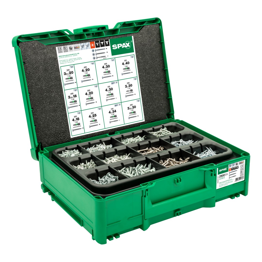 SPAX Box Systainer³ Construcción de muebles T-Loc, Kit de tornillos con 12 dimensiones, Cabeza plana, 2900 UD./5 bits, T-STAR plus, 4CUT, WIROX