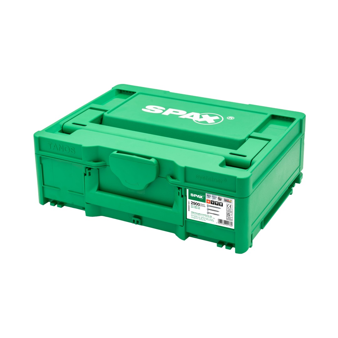 SPAX Box Systainer³ Construcción de muebles T-Loc, Kit de tornillos con 12 dimensiones, Cabeza plana, 2900 UD./5 bits, T-STAR plus, 4CUT, WIROX