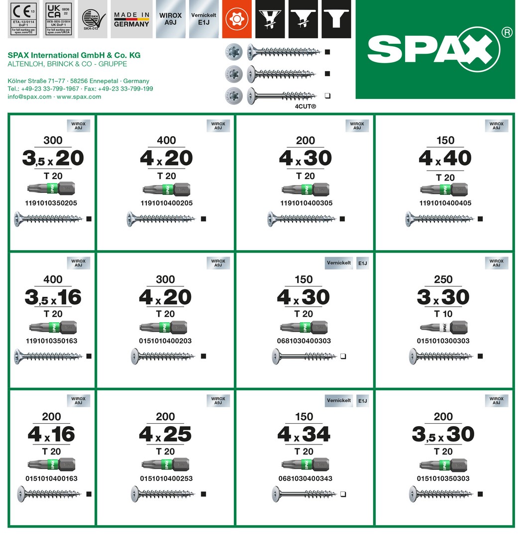 SPAX Box Systainer³ Construcción de muebles T-Loc, Kit de tornillos con 12 dimensiones, Cabeza plana, 2900 UD./5 bits, T-STAR plus, 4CUT, WIROX