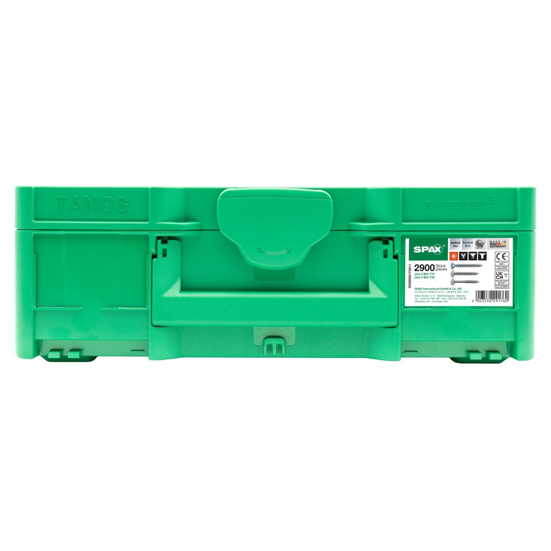 SPAX Box Systainer³ Construcción de muebles T-Loc, Kit de tornillos con 12 dimensiones, Cabeza plana, 2900 UD./5 bits, T-STAR plus, 4CUT, WIROX