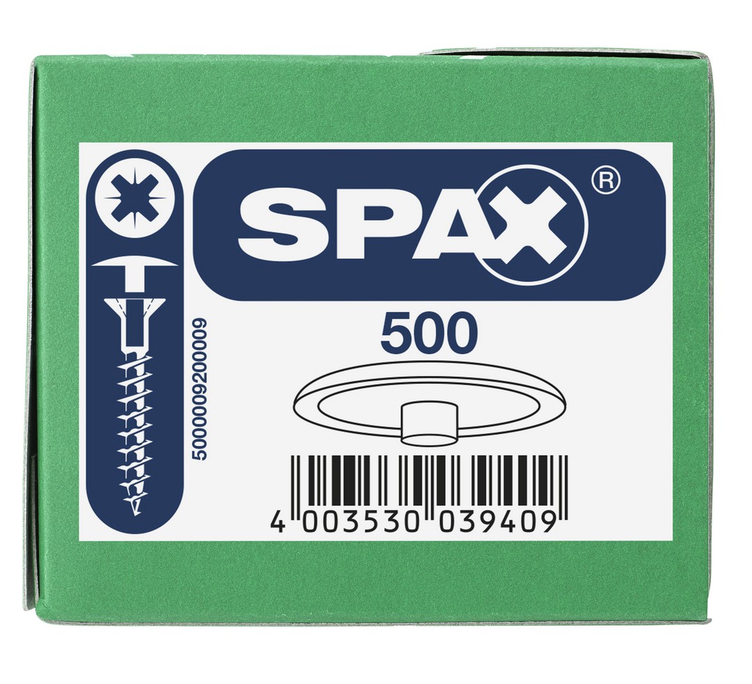 SPAX Tapones de plástico para Tornillo universal con taladro en la cabeza, blanco, 500 unidades