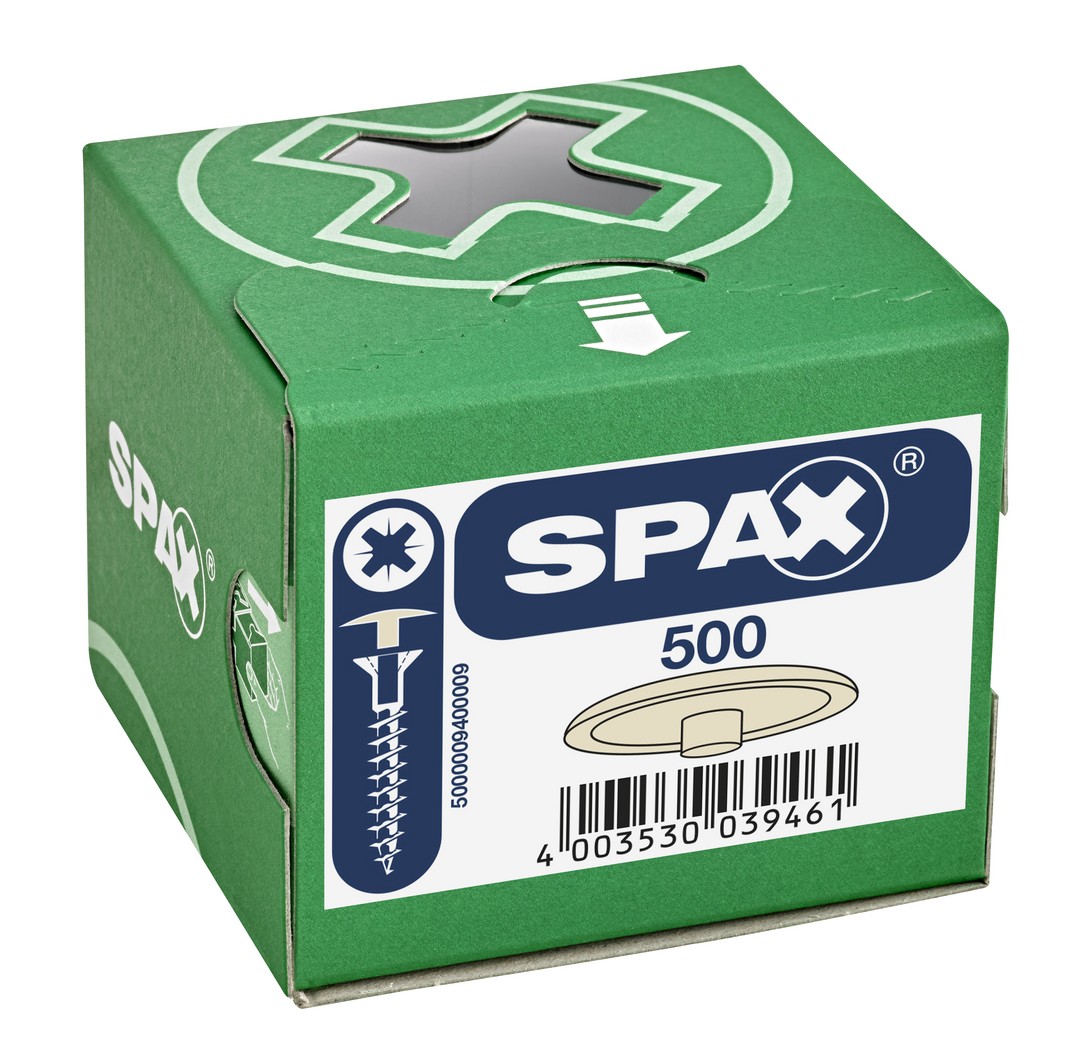 SPAX Tapones de plástico para Tornillo universal con taladro en la cabeza, beige, 500 unidades