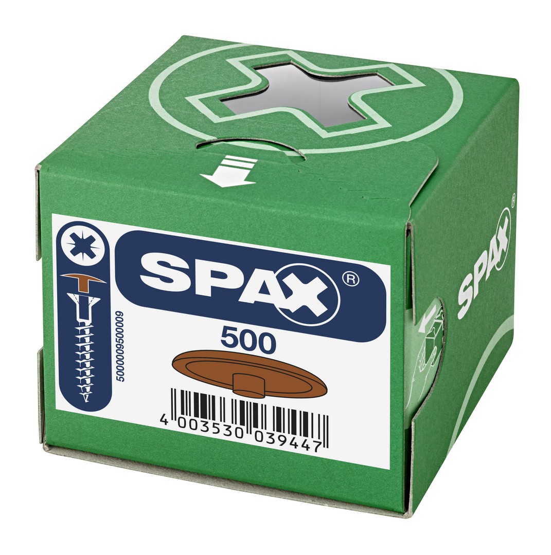 SPAX Tapones de plástico para Tornillo universal con taladro en la cabeza, marrón claro, 500 unidades