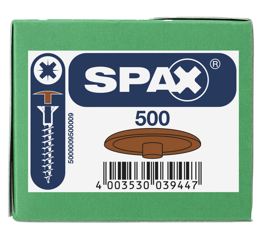 SPAX Tapones de plástico para Tornillo universal con taladro en la cabeza, marrón claro, 500 unidades