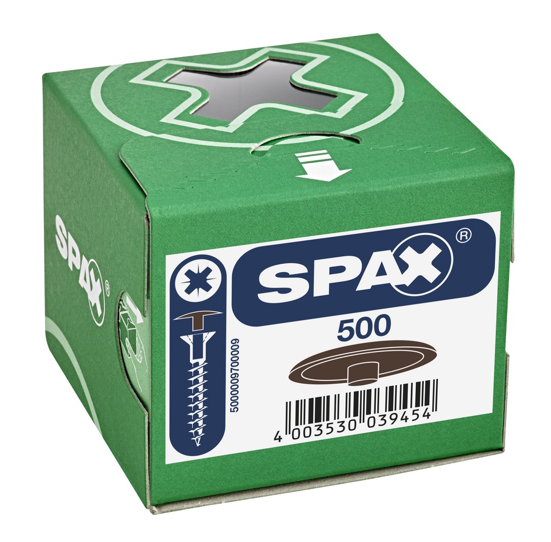 SPAX Tapones de plástico para Tornillo universal con taladro en la cabeza, marrón oscuro, 500 unidades