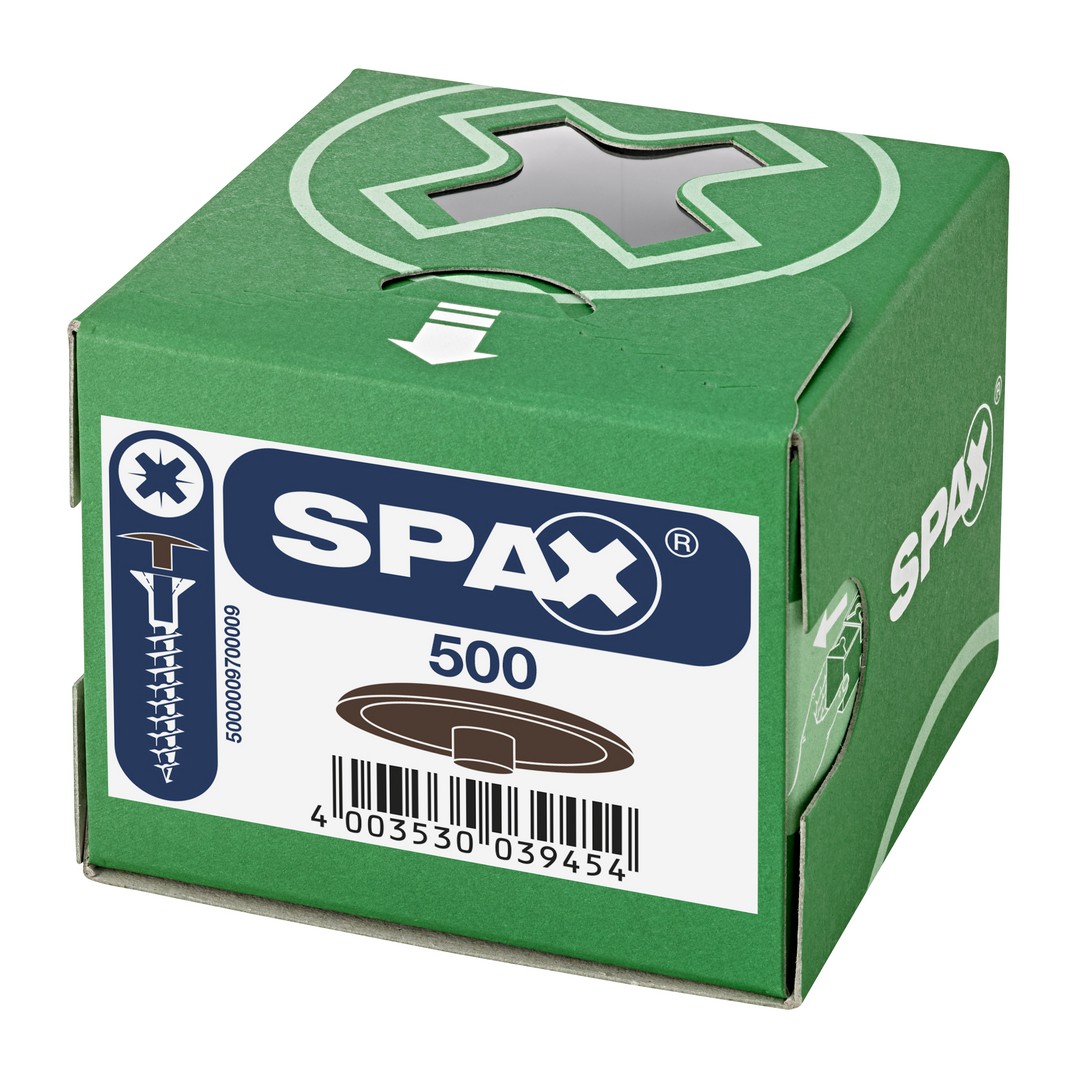 SPAX Tapones de plástico para Tornillo universal con taladro en la cabeza, marrón oscuro, 500 unidades