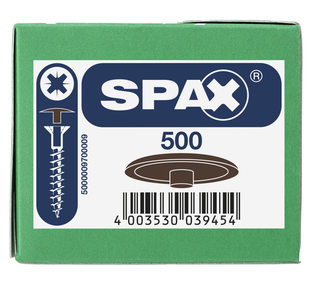 SPAX Tapones de plástico para Tornillo universal con taladro en la cabeza, marrón oscuro, 500 unidades
