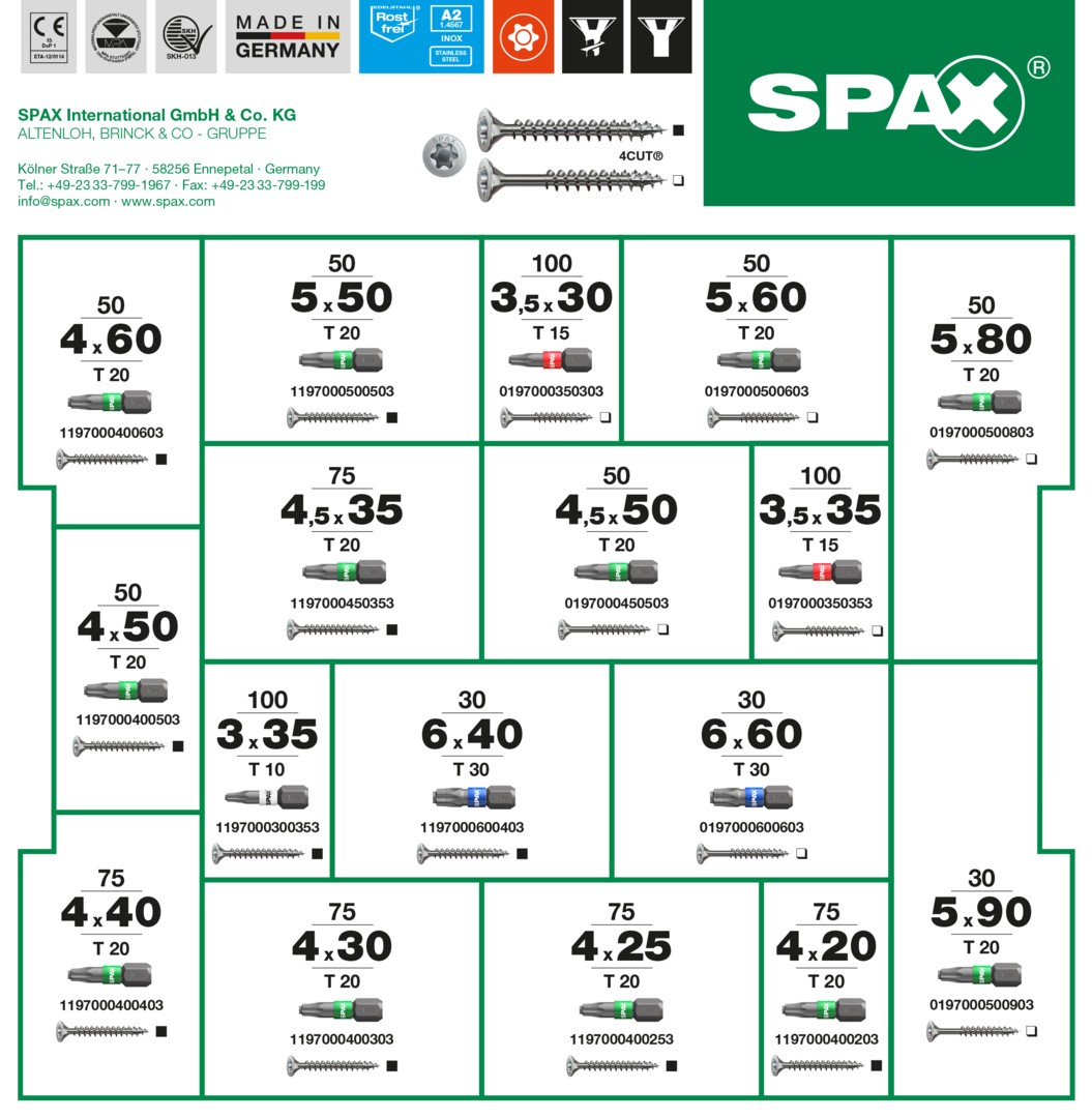 SPAX Maleta de montaje L-BOXX, 1 unidad, Kit de tornillos con 17 dimensiones, Cabeza plana, T-STAR plus, 4CUT, Edelstahl A2