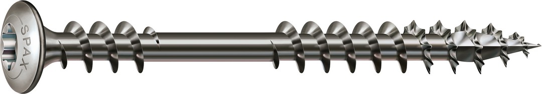 SPAX Tornillo para terraza Bold, 5 x 56 mm, 200 unidades, Rosca de fijación, Cabeza decorativa, T-STAR plus T20, 4CUT, Acero inoxidable A2