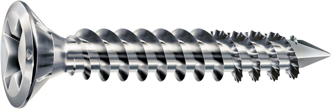 Tornillo para herrajes FEX, 4 x 25 mm, 3000 unidades, Rosca de doble, Cabeza plana, Ranura en cruz H2, Punta CUT, Titanio plateado