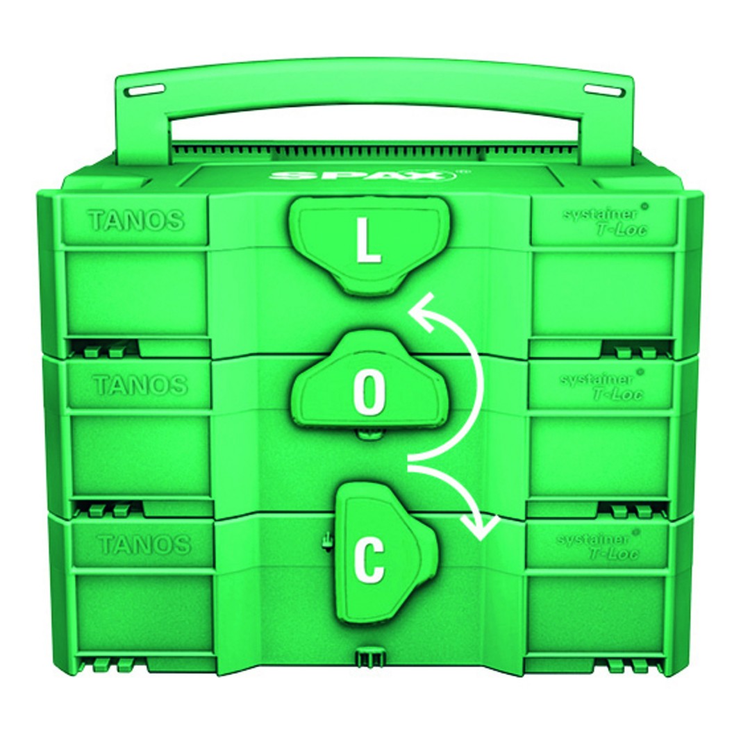 SPAX Box systainer T-Loc I, Kit de tornillos con 12 dimensiones, Cabeza plana, T-STAR plus, 4CUT, WIROX