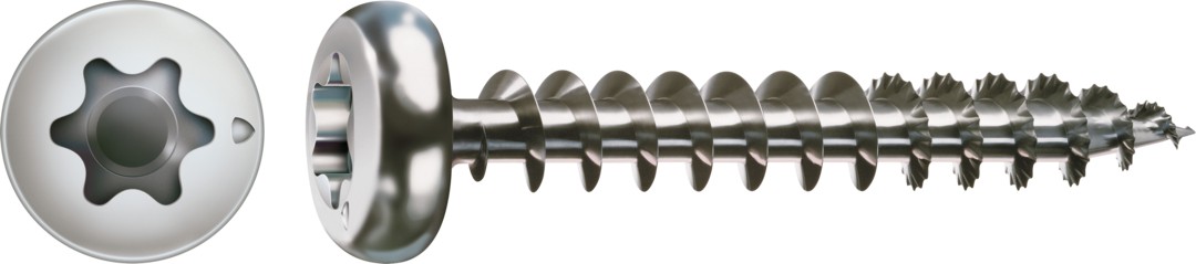 SPAX de acero inoxidable, Pulido | Cabeza redonda, T-STAR plus, Rosca completa, Acero inoxidable A2, Punta S
