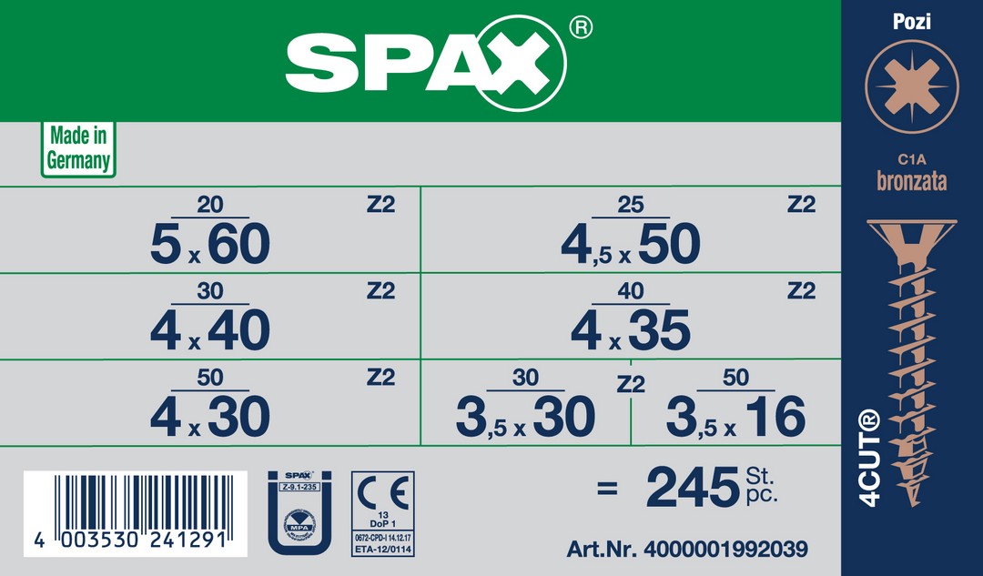 SPAX gama maletín pequeño, Kit de tornillos con 7 dimensiones, 245 unidades, Cabeza plana, Ranura en cruz Z, bronce